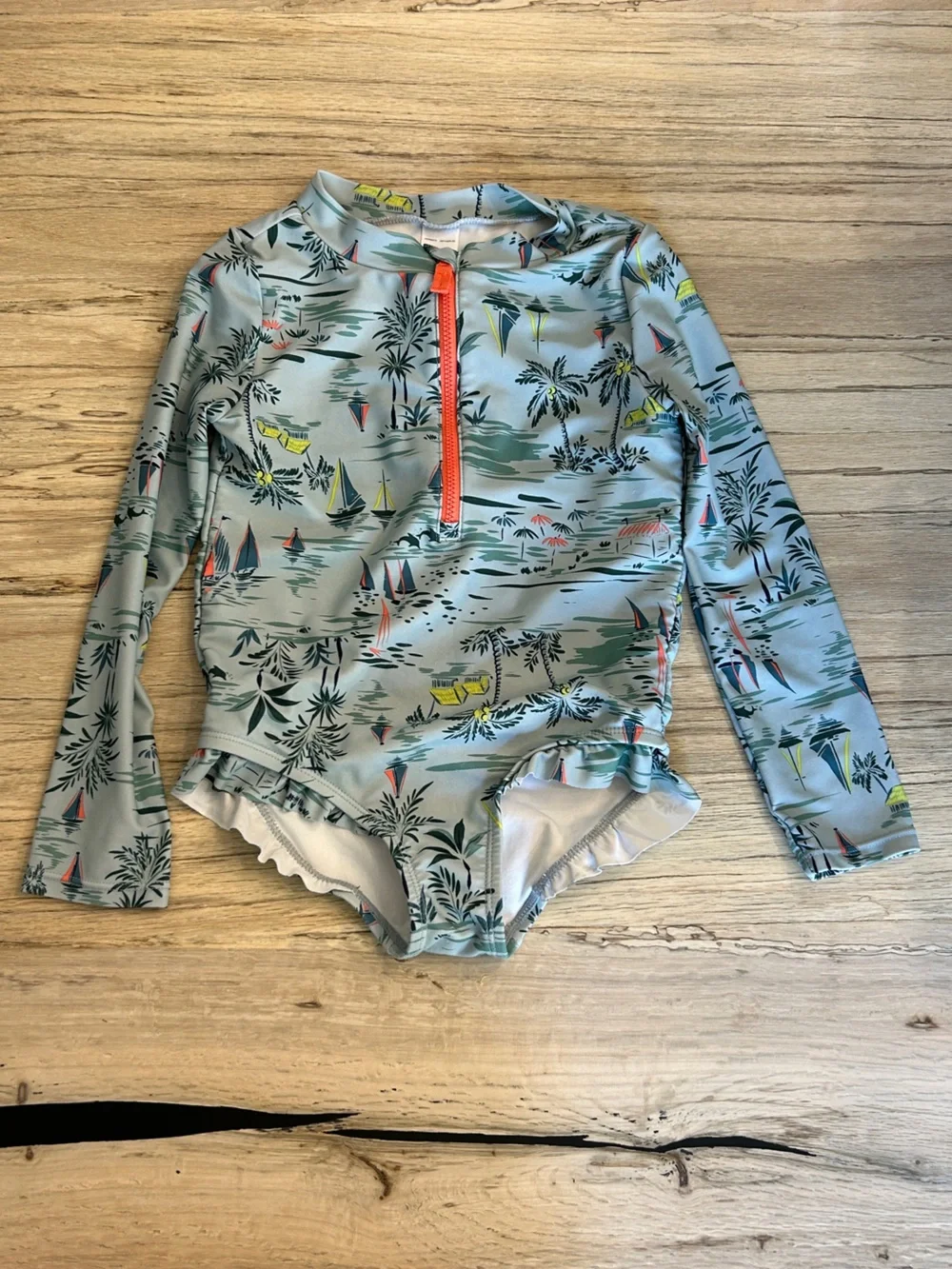 Girls' Light Blue Tropical Print Rash Guard Swimsuit